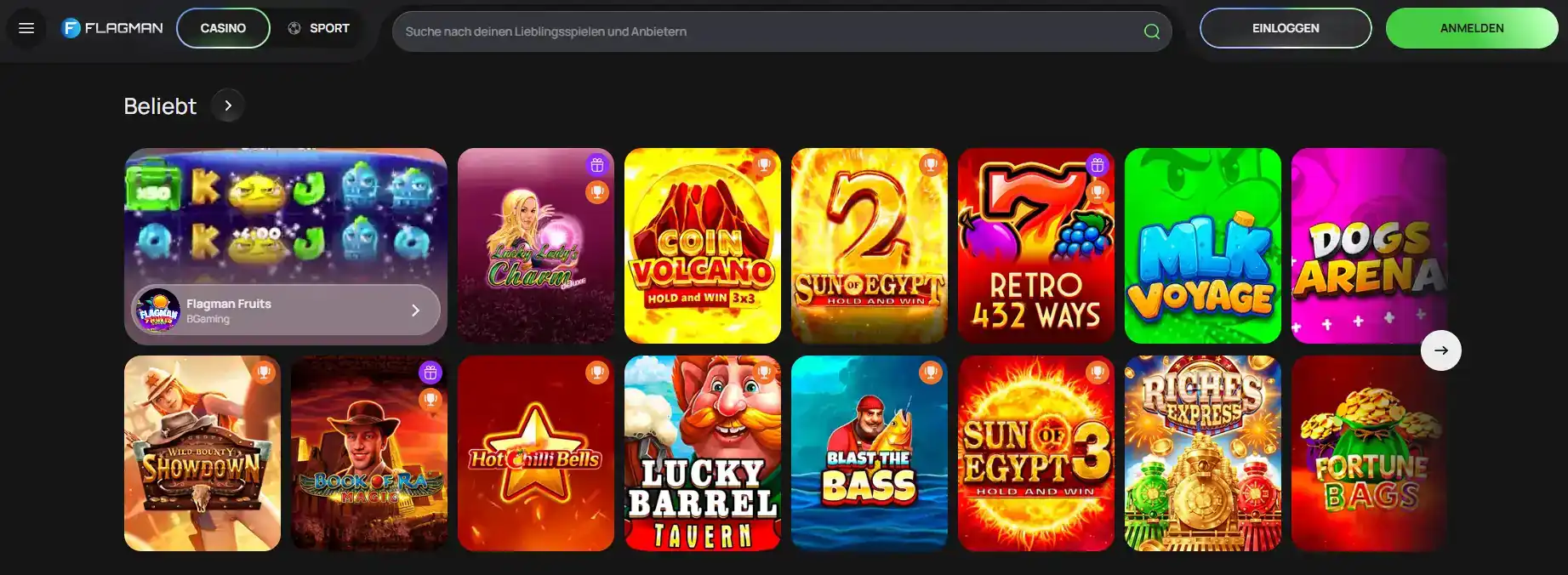 FLAGMAN Spielelobby mit Kategorien und Spielkarten